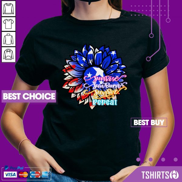 Sunflower Sunrise Sunburn Sunset Repeat American Flag 4th Of July V-neck