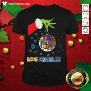 Hot The Grinch Hand Holding Ornament Los Angeles Lakers And Los Angeles Dodgers Christmas Shirt