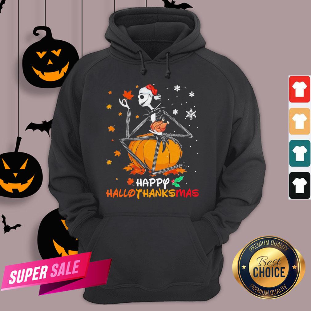 Funny Jack Skellington With Santa Hat Happy Hallothanksmas Shirt