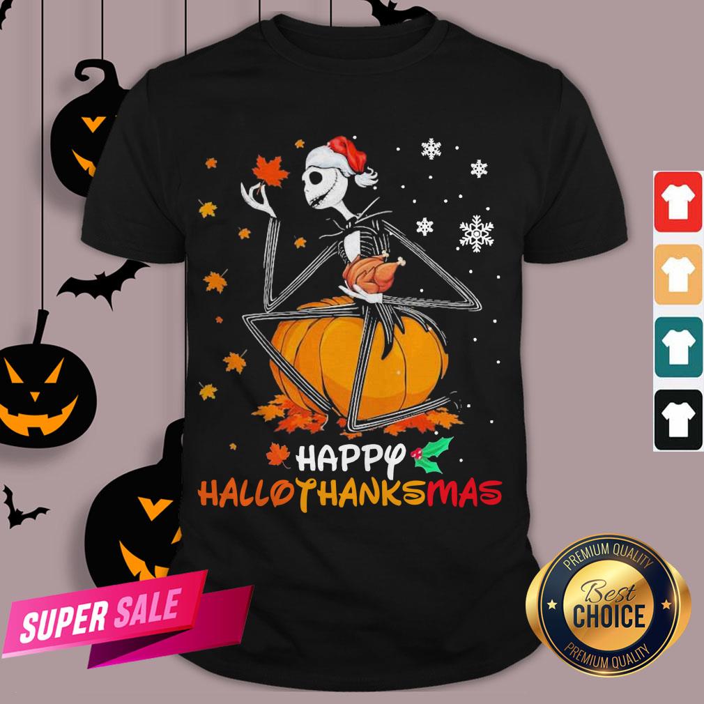 Funny Jack Skellington With Santa Hat Happy Hallothanksmas Shirt