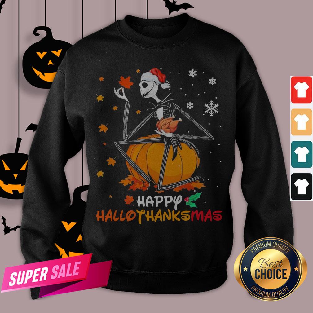 Funny Jack Skellington With Santa Hat Happy Hallothanksmas Shirt