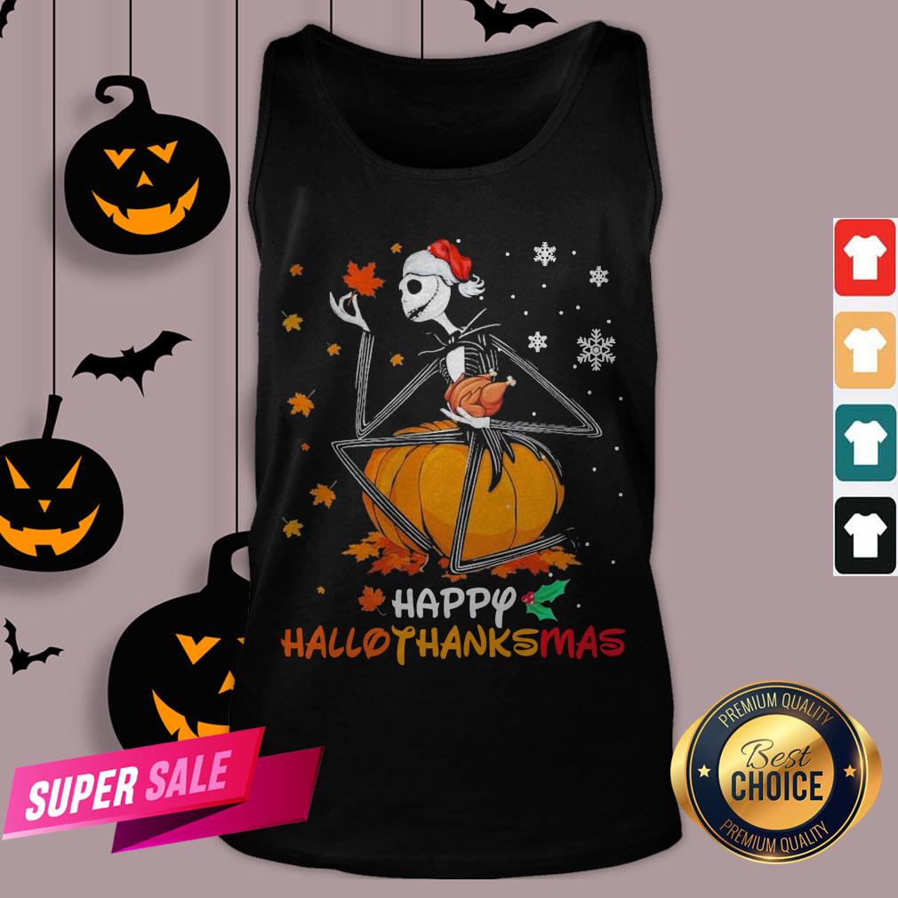 Funny Jack Skellington With Santa Hat Happy Hallothanksmas Shirt