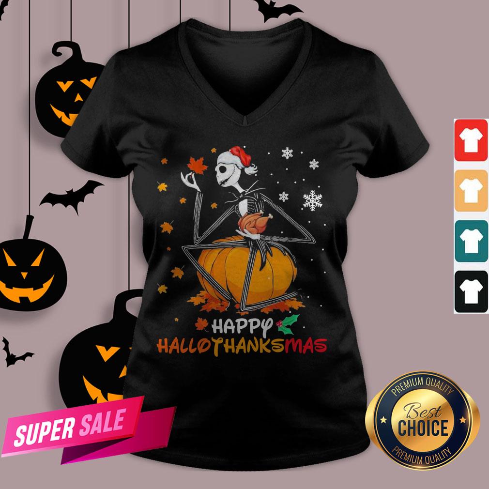 Funny Jack Skellington With Santa Hat Happy Hallothanksmas Shirt