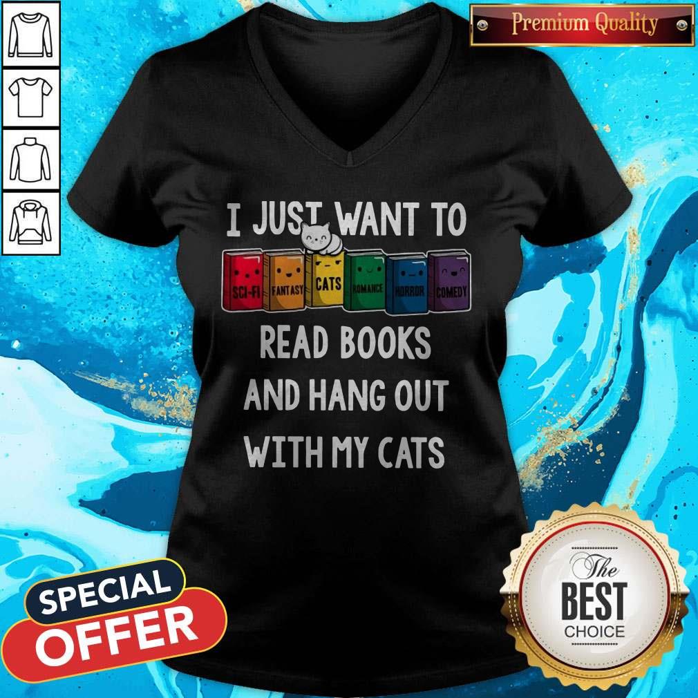 Colorful I Just Want To Read Books And Hang Out With My Cats T-Shirt