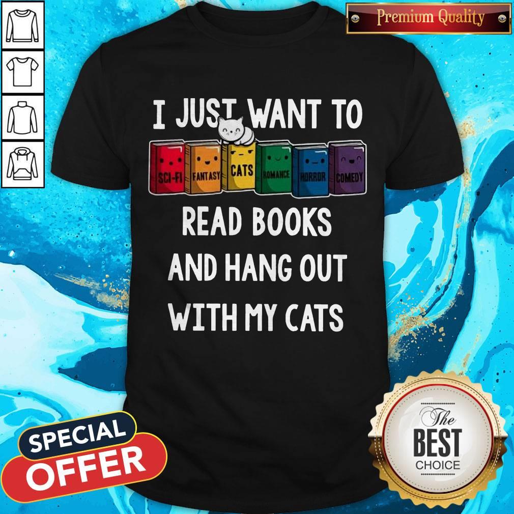 Colorful I Just Want To Read Books And Hang Out With My Cats T-Shirt