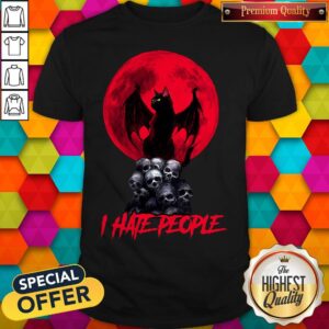 Funny Skull Black Cat Witch I Hate People Halloween Shirt