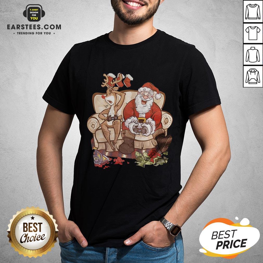 Awesome Christmas Santa Claus And Reindeer Gamer Controller Xmas Shirt