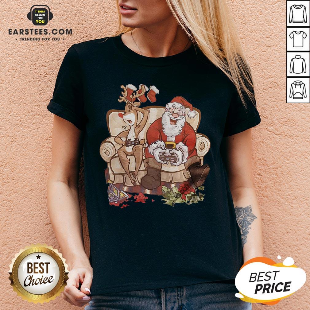 Awesome Christmas Santa Claus And Reindeer Gamer Controller Xmas Shirt