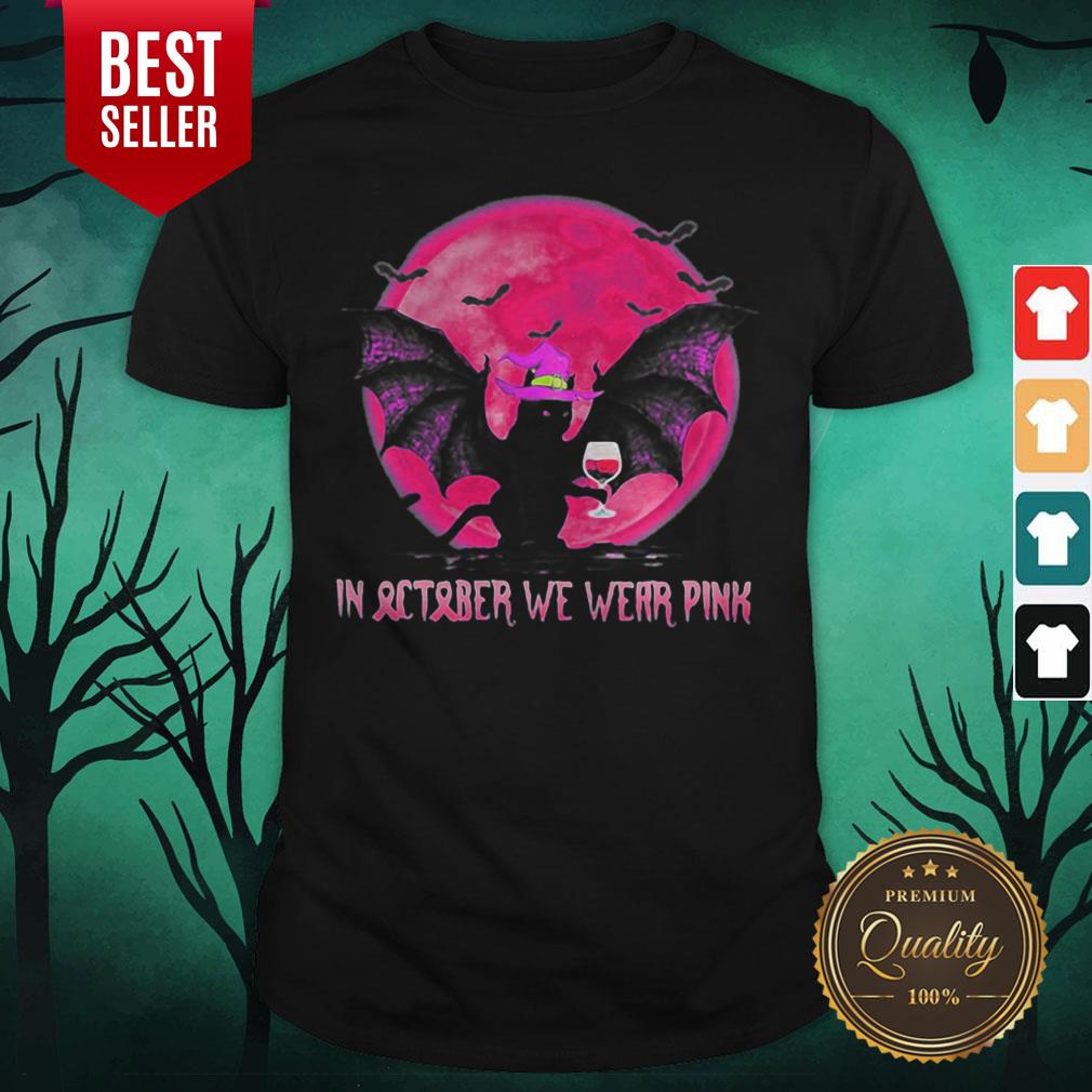 Bat Cat Witch In October We Wear Pink Moon Halloween Shirt