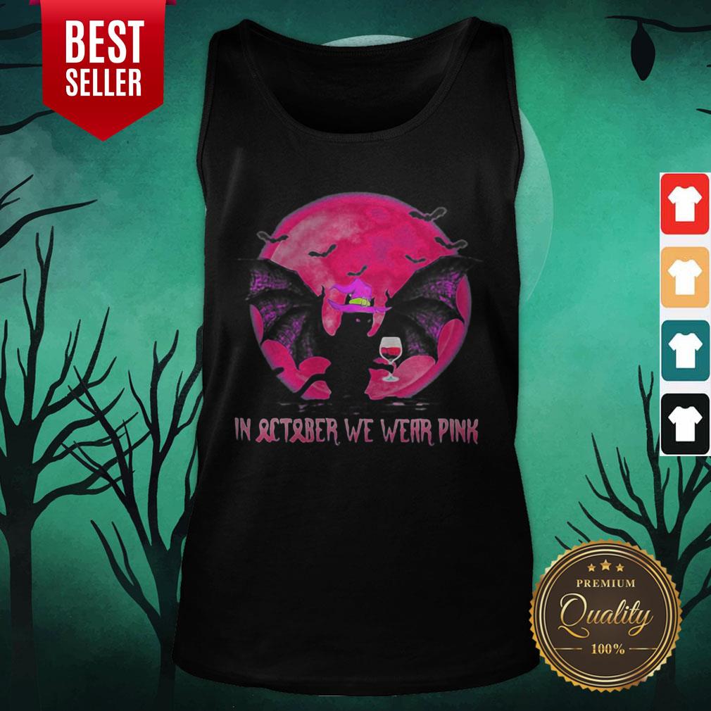 Bat Cat Witch In October We Wear Pink Moon Halloween Shirt