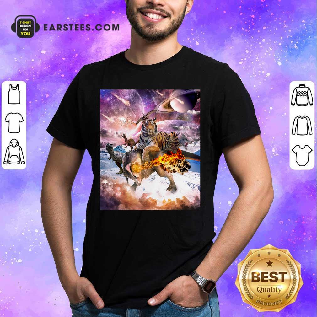Big Cat Tiger Riding Dinosaur In Space Premium Shirt