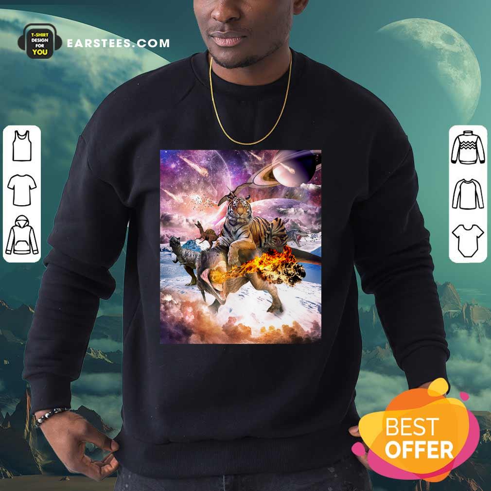 Big Cat Tiger Riding Dinosaur In Space Premium Shirt