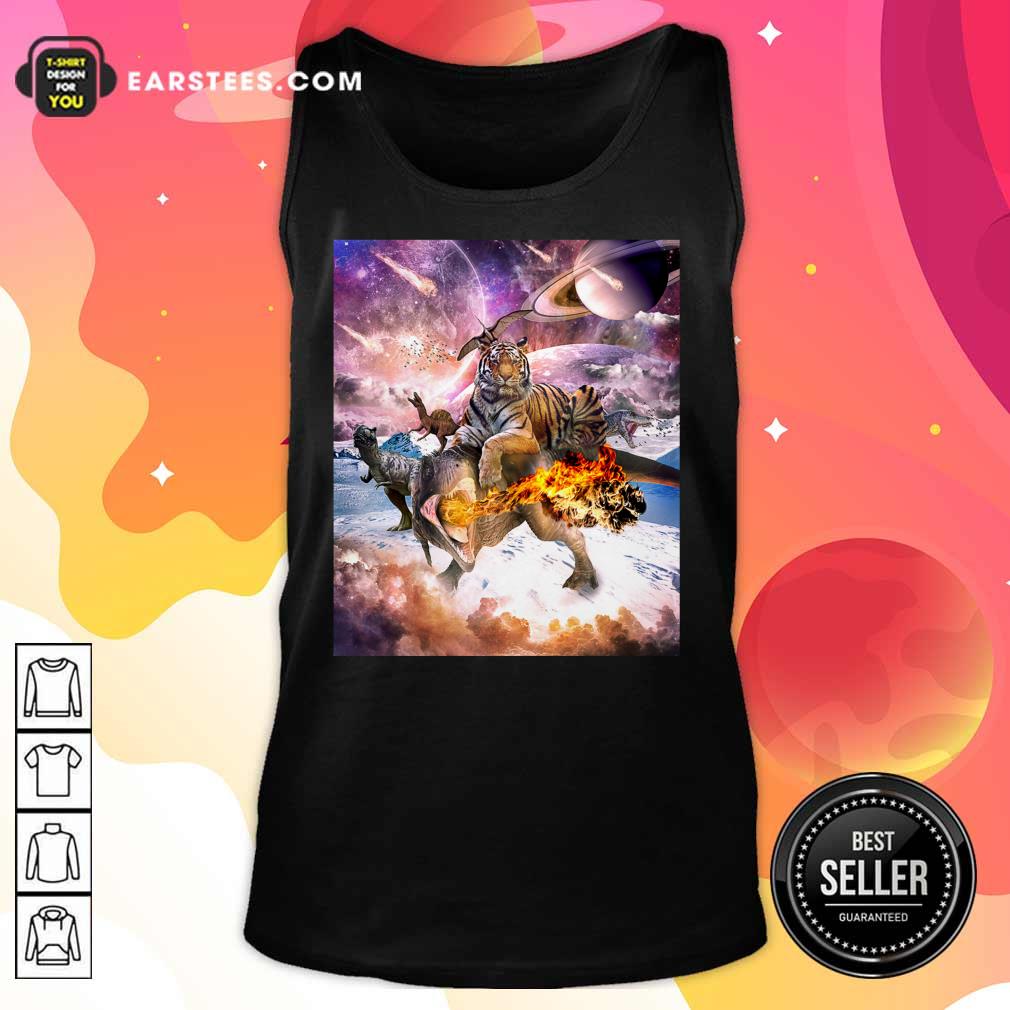 Big Cat Tiger Riding Dinosaur In Space Premium Shirt