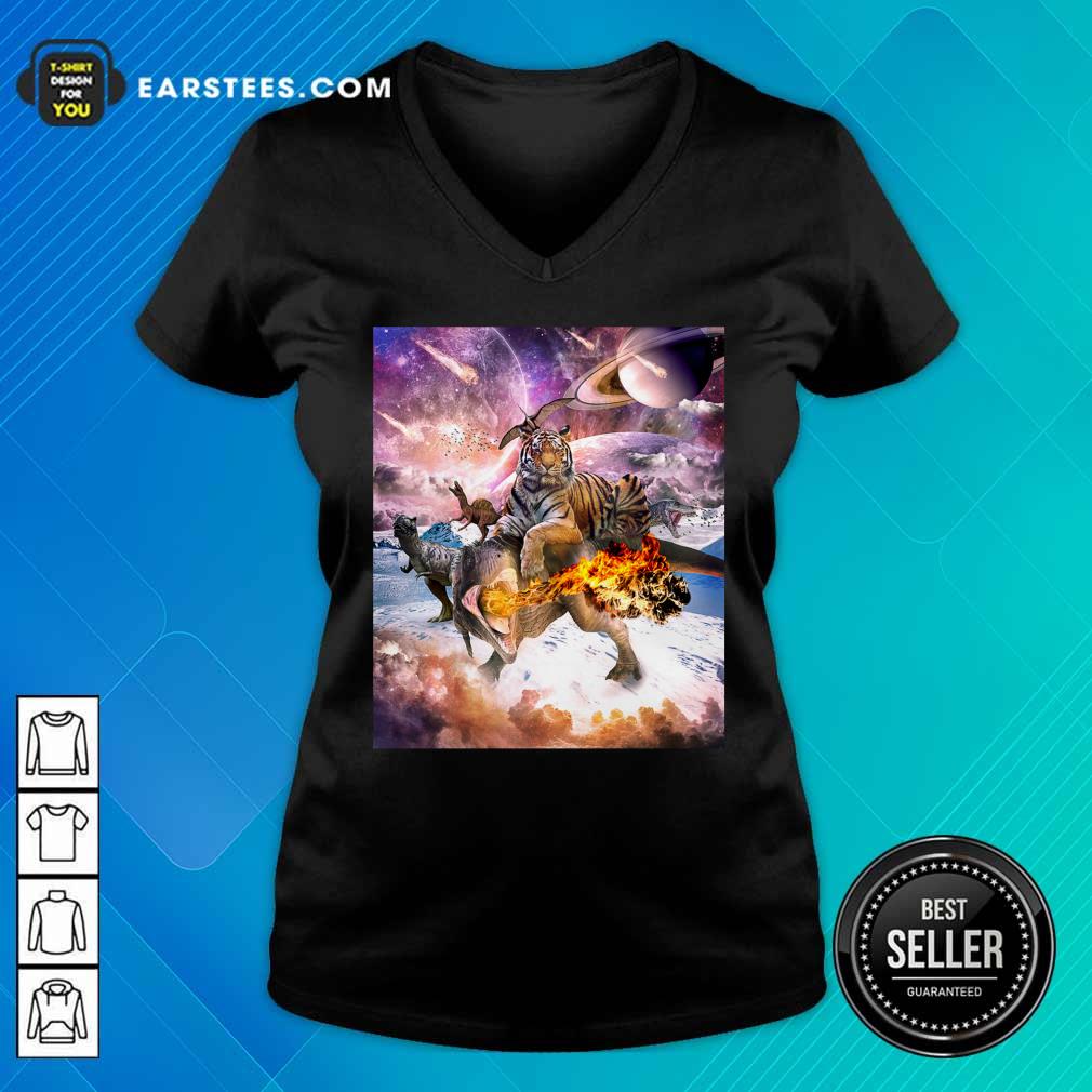 Big Cat Tiger Riding Dinosaur In Space Premium Shirt