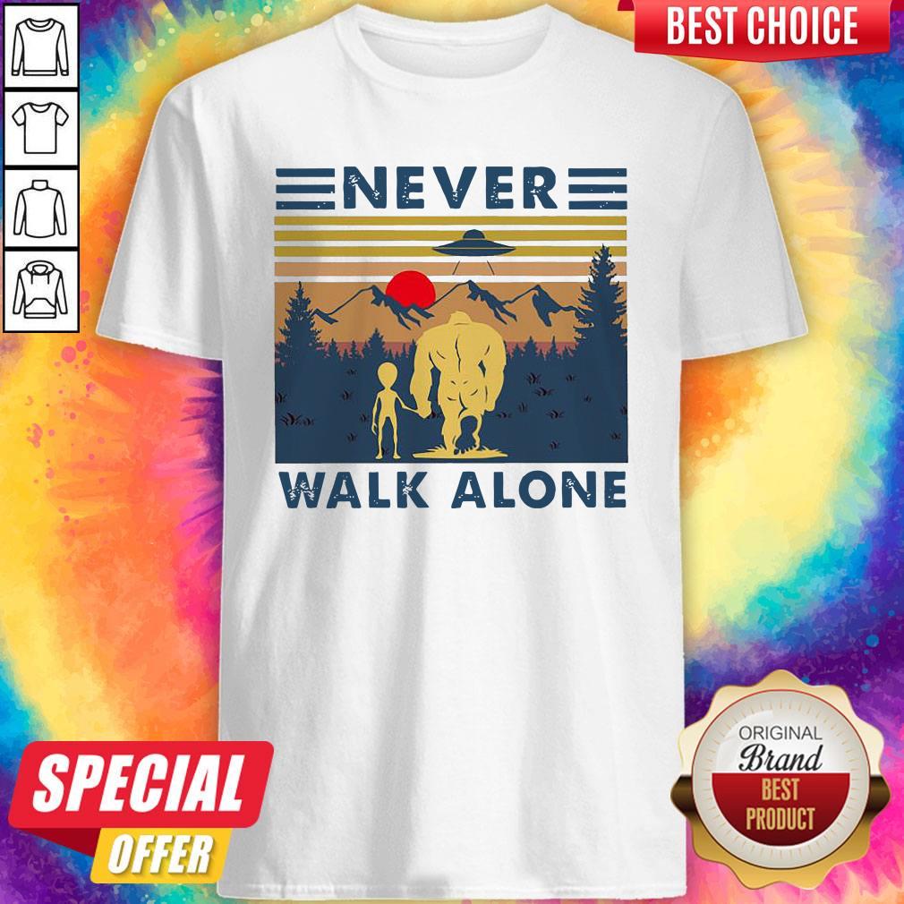 Bigfoot And Alien Never Walk Alone Vintage Shirt