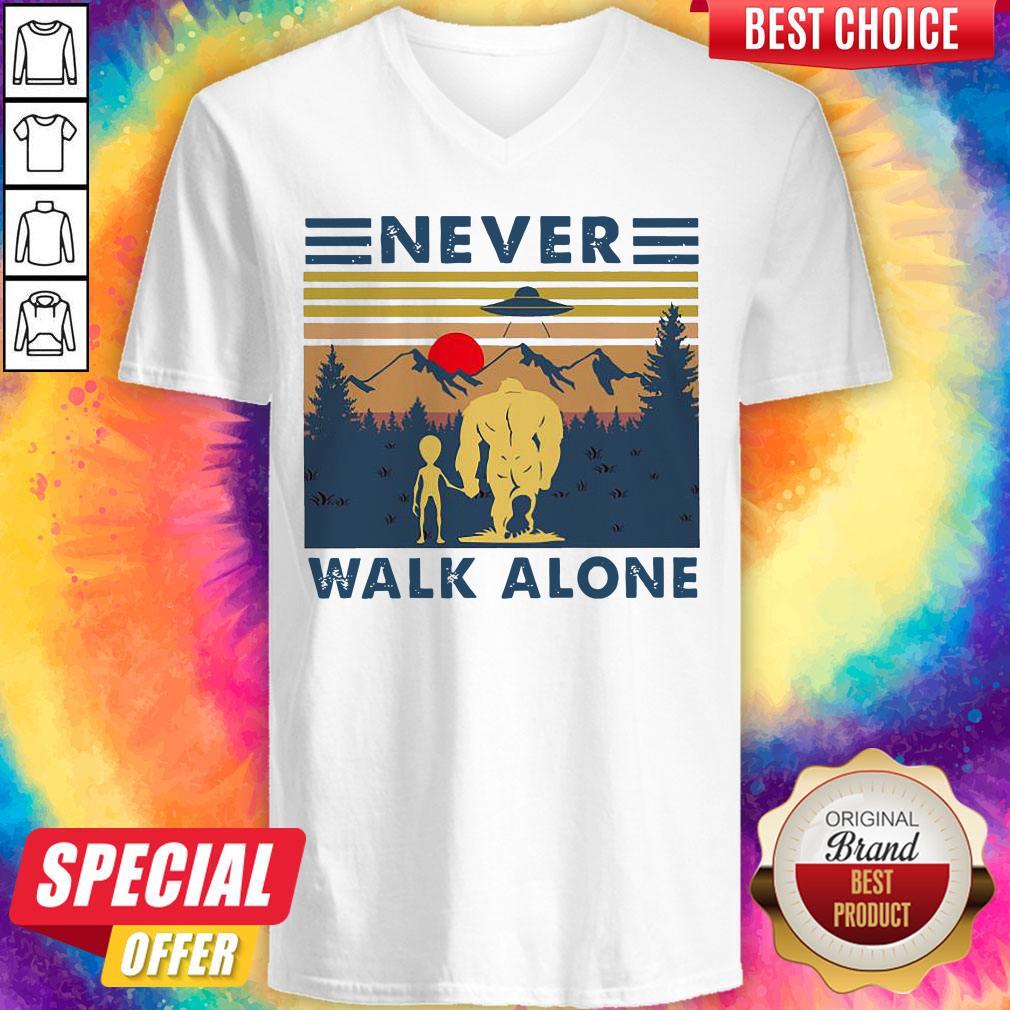 Bigfoot And Alien Never Walk Alone Vintage Shirt