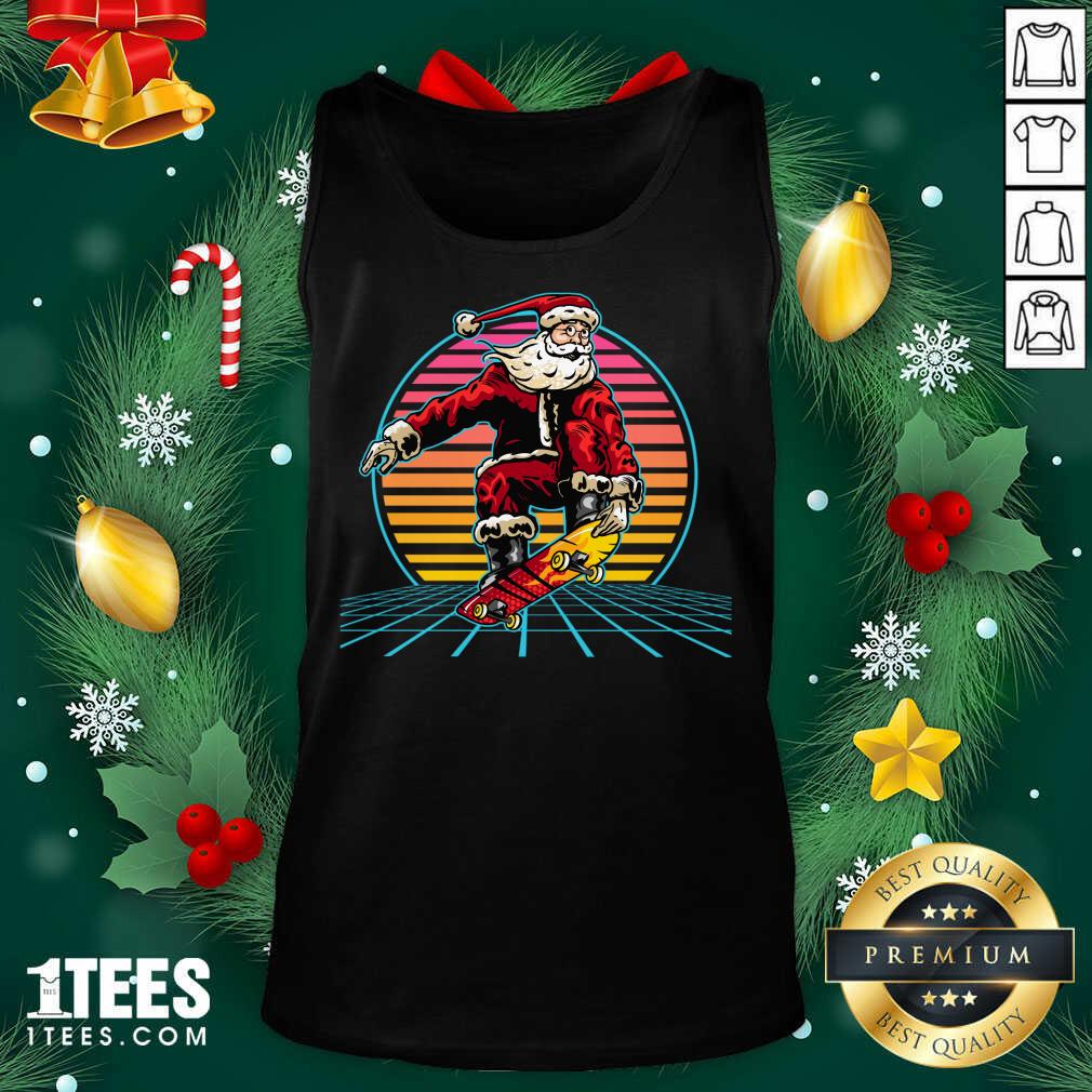 Funny Retro Sunset 80s Christmas Skateboarding Santa Funny Christmas Shirt