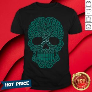 Teal Blue Swirling Sugar Skull Day Of The Dead Shirt