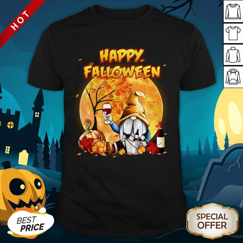 Halloween Gnomes Drink Wine Pumpkin Maple Leaves Happy Falloween Shirt