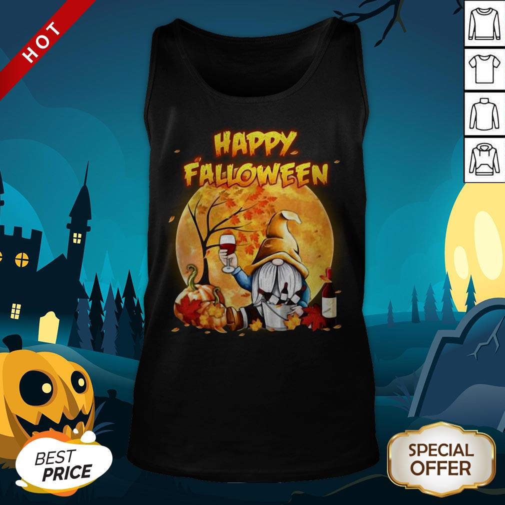 Halloween Gnomes Drink Wine Pumpkin Maple Leaves Happy Falloween Shirt