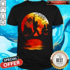 Bigfoot Holding American Flag Moon Halloween Shirt
