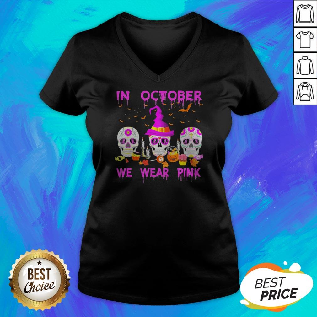 In October We Wear Pink Sugar Skull Breast Cancer Awareness Halloween Shirt