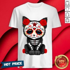 Red Sugar Skull Kitten Day Of Dead Dia De Muertos Shirt