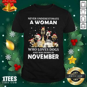Good Never Underestimate A Woman Who Loves Dogs And Was Born In November Christmas Shirt