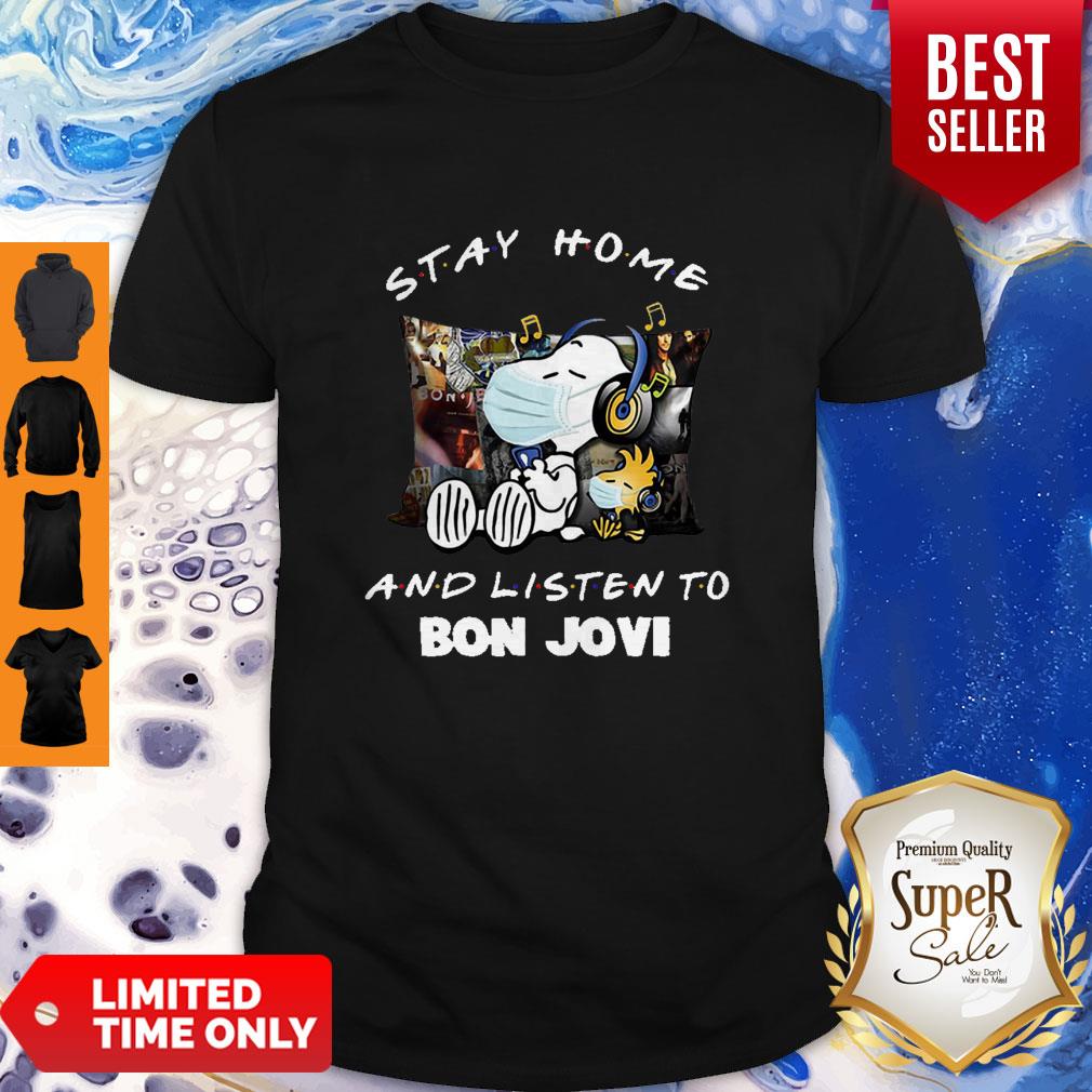Nice Snoopy Woodstock Mask Stay Home And Listen To Bon Jovi Shirt