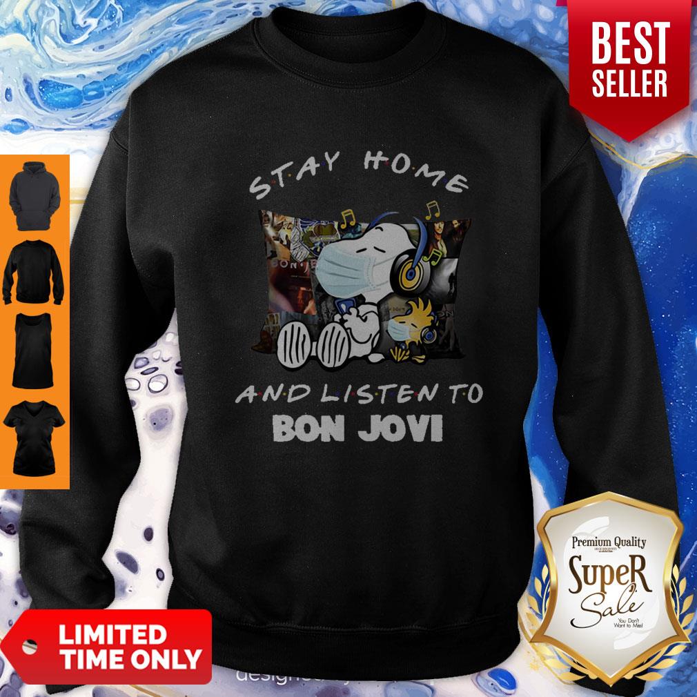 Nice Snoopy Woodstock Mask Stay Home And Listen To Bon Jovi Shirt