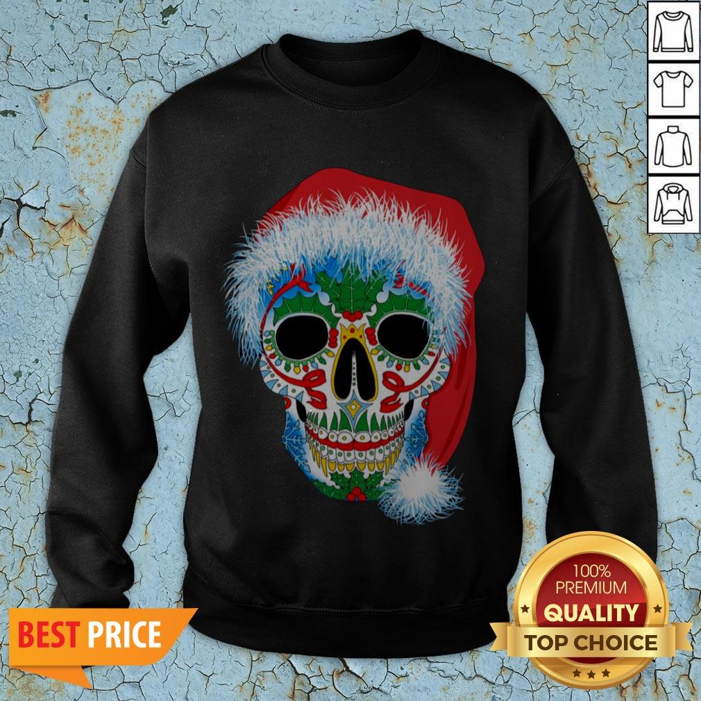 Sugar Skull With Santa Hat Christmas Winter Holiday Day Of Dead Shirt
