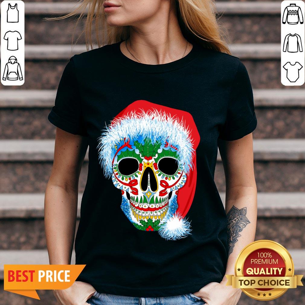 Sugar Skull With Santa Hat Christmas Winter Holiday Day Of Dead Shirt