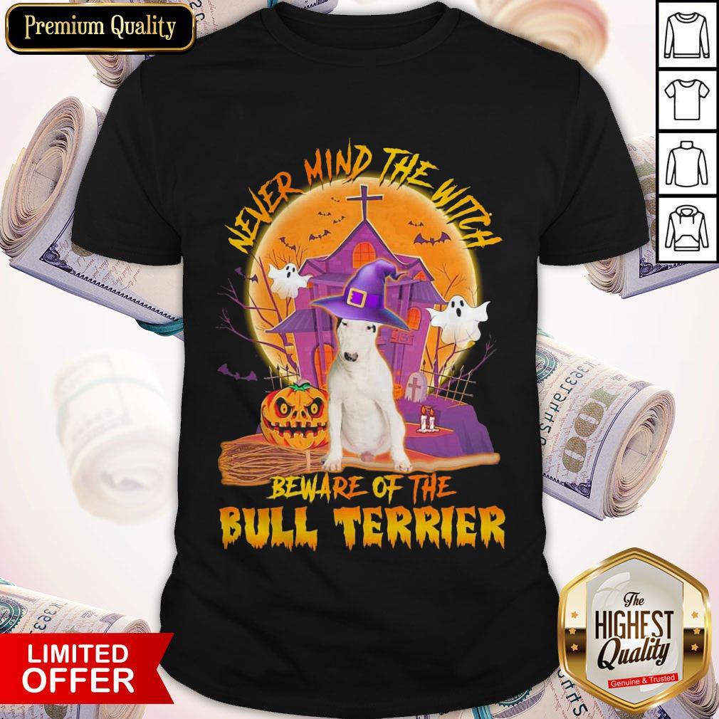 Top Never Mind The Witch Beware Of The Bull Terrier Halloween Moon Shirt