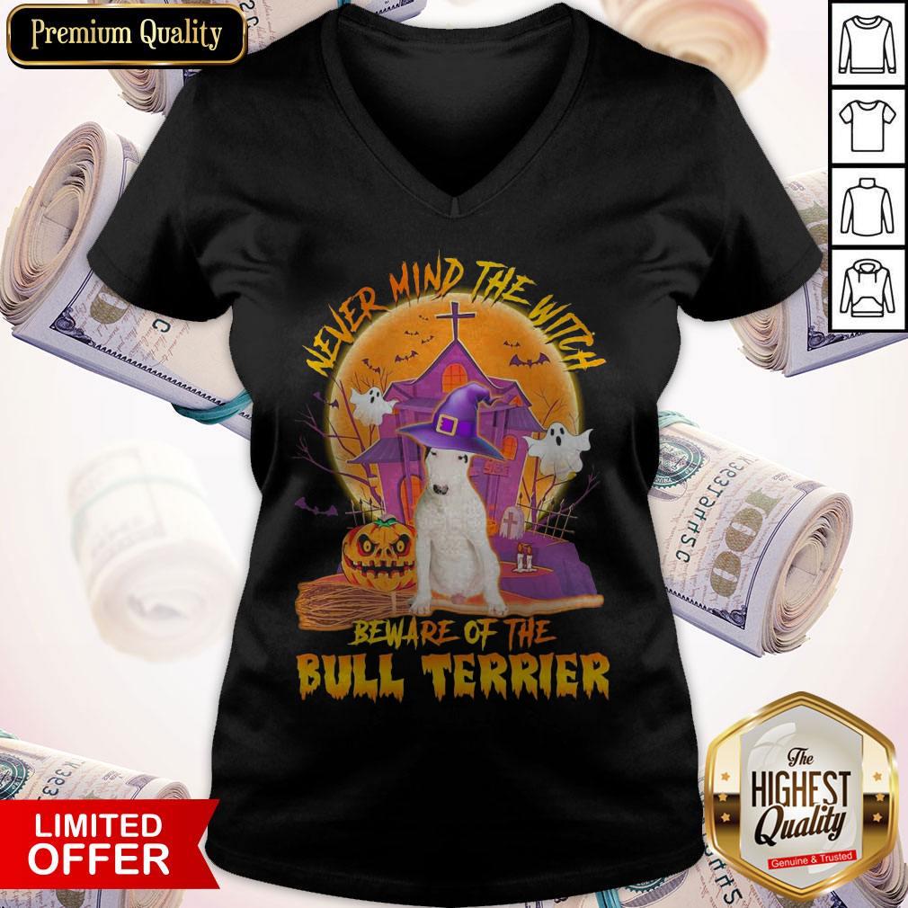Top Never Mind The Witch Beware Of The Bull Terrier Halloween Moon Shirt