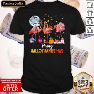 Official Flamingo Halloween And Merry Christmas Happy Hallothanksmas T Shirt