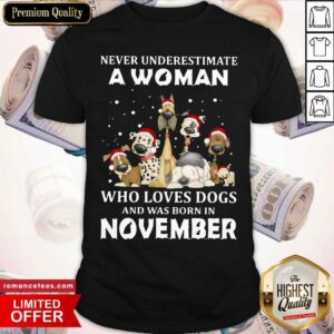 Nice Never Underestimate A Woman Who Loves Dogs And Was Born In August Christmas Shirt
