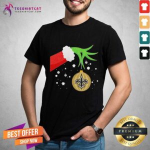 Hot The Grinch Hand Holding Ornament New Orleans Saints Christmas Shirt