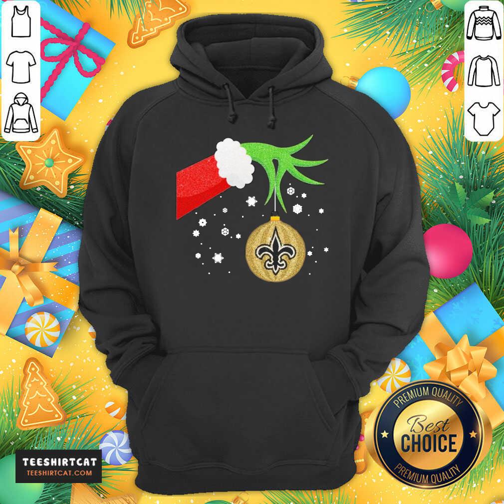 Hot The Grinch Hand Holding Ornament New Orleans Saints Christmas Shirt