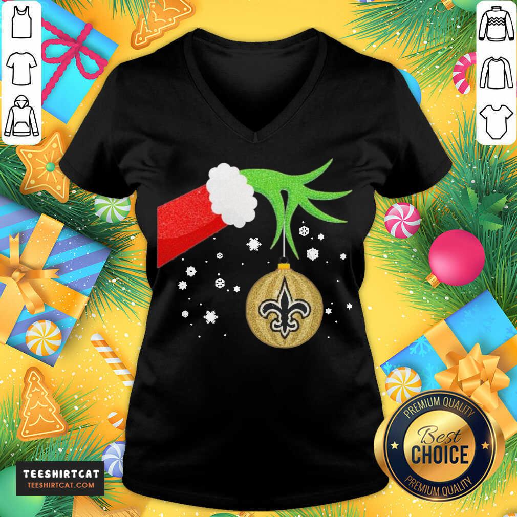 Hot The Grinch Hand Holding Ornament New Orleans Saints Christmas Shirt