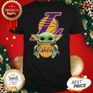 Baby Yoda hugs Los Angeles Lakers Star Wars Mandalorian shirt
