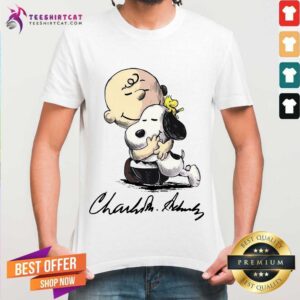 Awesome The Peanuts Snoopy Hug Charlie Brown And Woodstock Signature Shirt