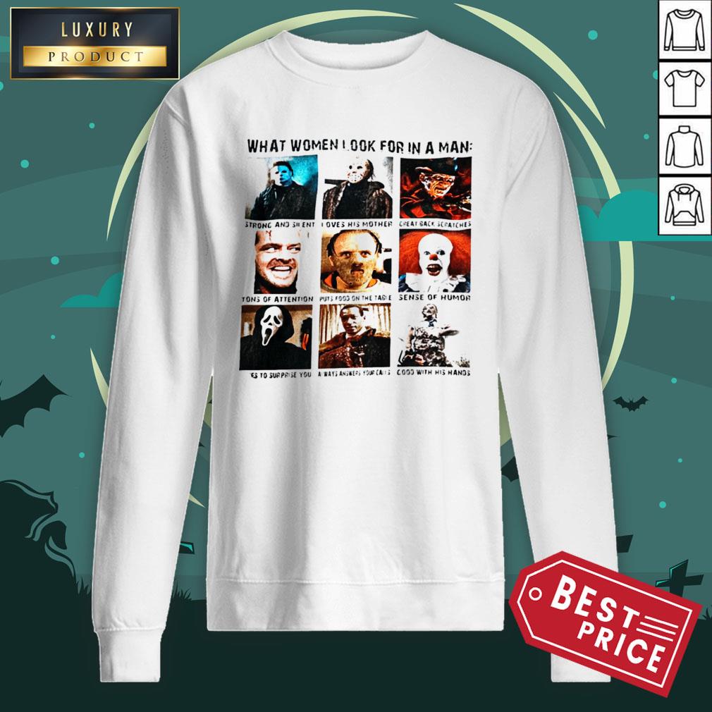 What Women Look For In A Man Strong And Silent Loves His Mother Halloween Shirt