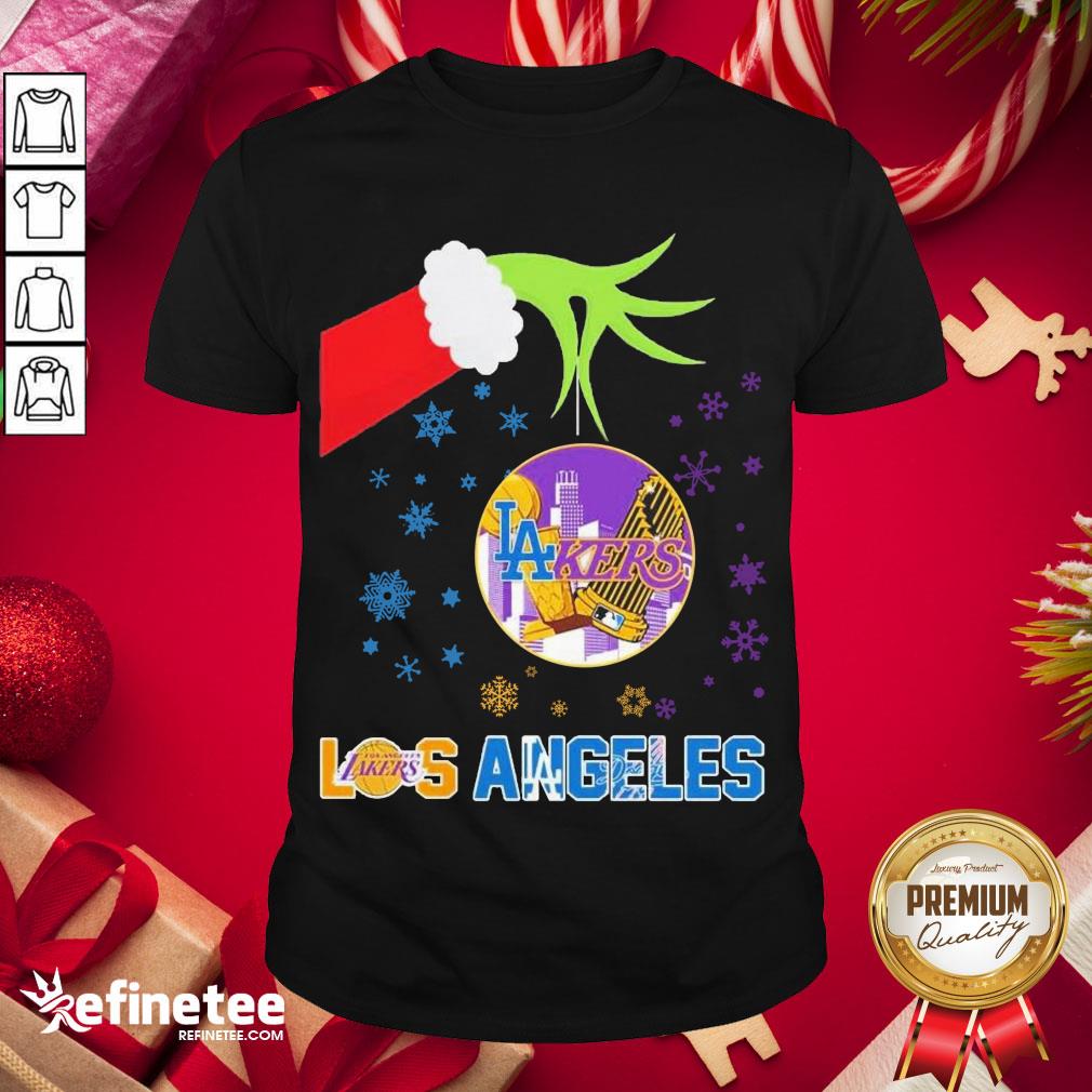 Good Grinch Hand Los Angeles Laker Holding Merry Christmas Shirt