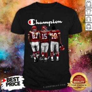 Nice Kansas City Chiefs Champion Kelce Mahomes And Hill Signatures Shirt
