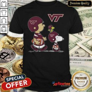 Nice The Peanuts Charlie Brown And Snoopy Woodstock Virginia Tech Hokies Football Shirt