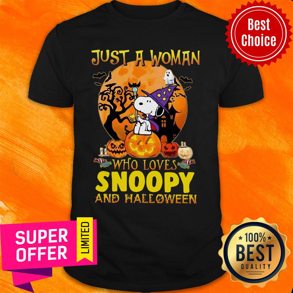 Just A Woman Who Loves Snoopy And Halloween Shirt