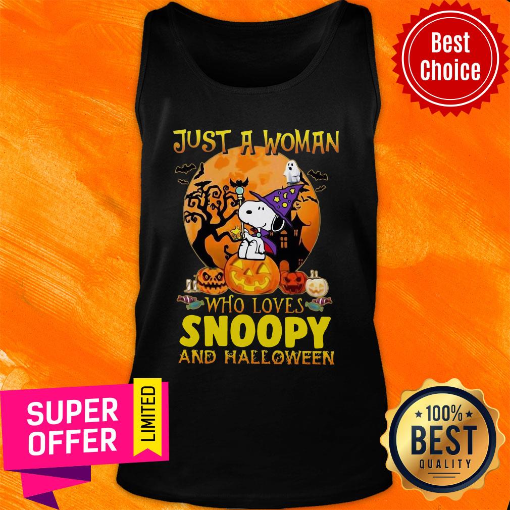 Just A Woman Who Loves Snoopy And Halloween Shirt