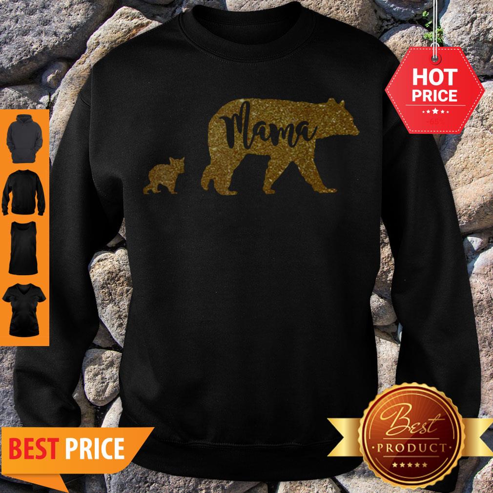 Beautiful Mama Bear With 1 One Cub Mom Mother Gold Sparkle Gift Shirt