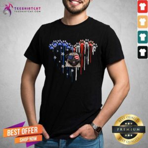 Pug Dog Paw Watercolor Heart American Flag 4th Of July Shirt