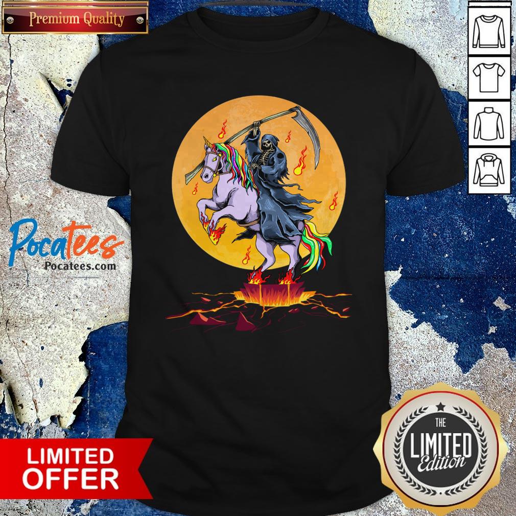 Official Grim Reaper With Unicorn Under The Moon Halloween Costume Shirt
